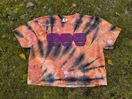 XL Women's Halloween Ice Dyes with Handpainted designs- cropped/boxy tees