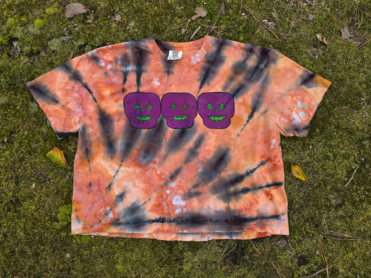 XL Women's Halloween Ice Dyes with Handpainted designs- cropped/boxy tees